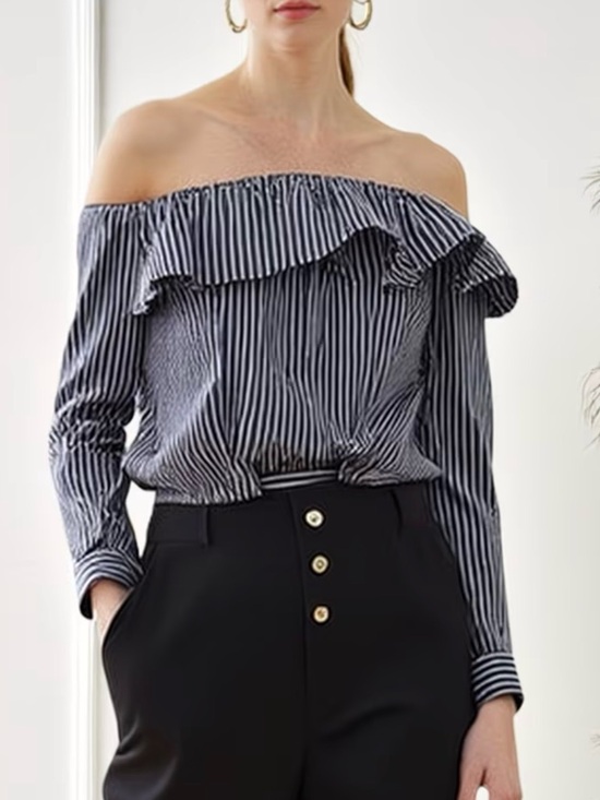 Tops - 🎉HOST PICK POSH Party🎉 Off-Shoulder Navy & White Striped Ruffle Top